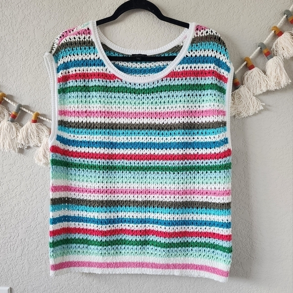 Talbots Crochet Knit Multicolor Crewneck Sleeveless Sweater Sunset Stripe Boho L - Picture 1 of 11